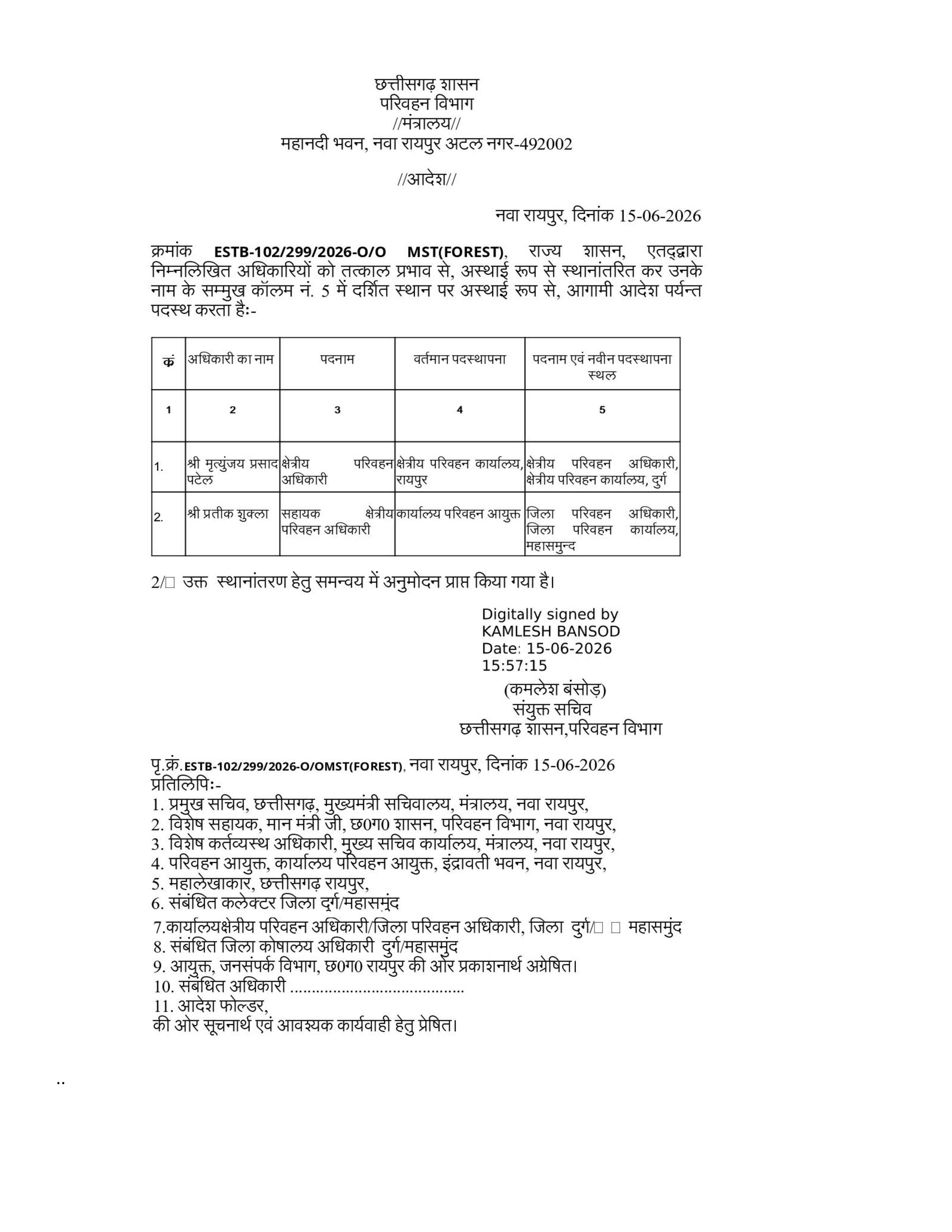 परिवहन विभाग में प्रशासनिक फेरबदल, दो अधिकारियों के तबादले के आदेश जारी