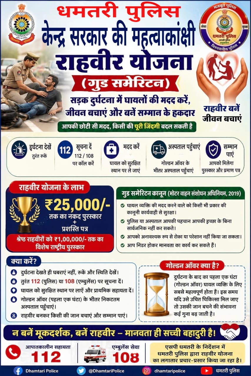 *"राहवीर योजना : सड़क दुर्घटना में घायलों की मदद करने वाले बनें जीवनदाता, पाएं 25,000/-रूपये का पुरस्कार एवं प्रशस्ति पत्र"*